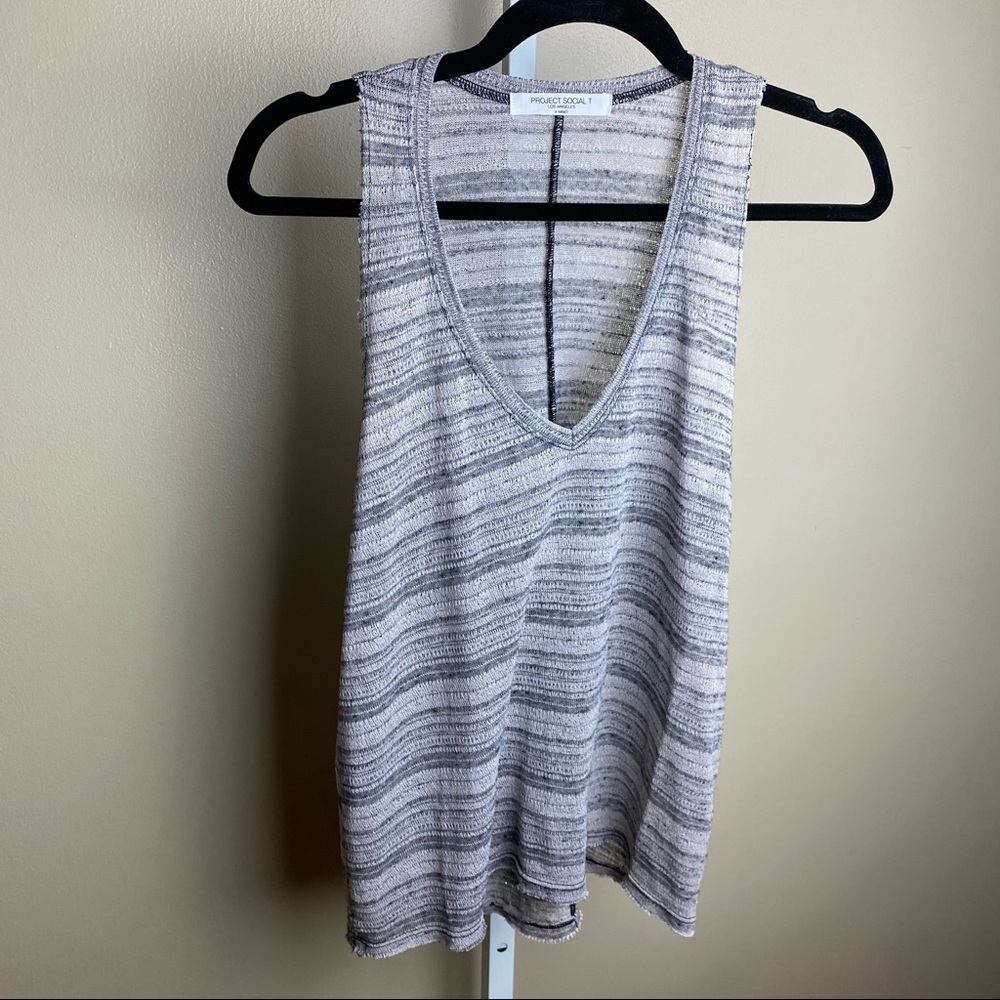 Project Social T gray striped linen blend blouse, size Medium, raw hem